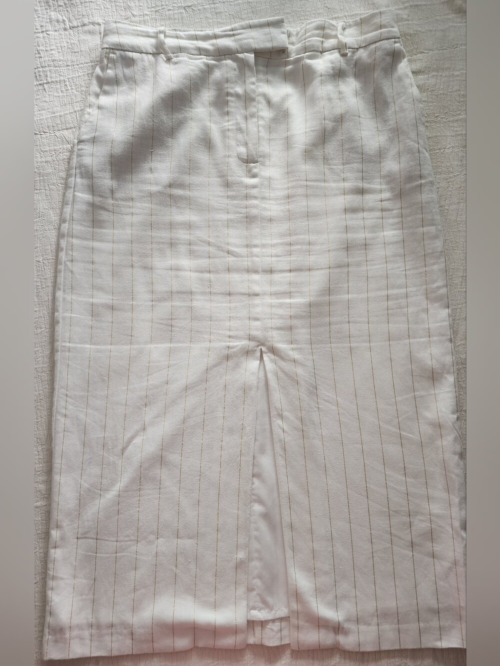 Rachel Zoe White & Gold Pinstripe Linen Blend Midi Skirt Front Slit - Size 10